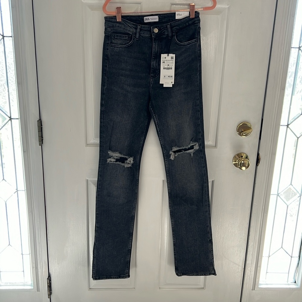 Zara hi-rise full length split skinny gray jeans size 8 *NWT*